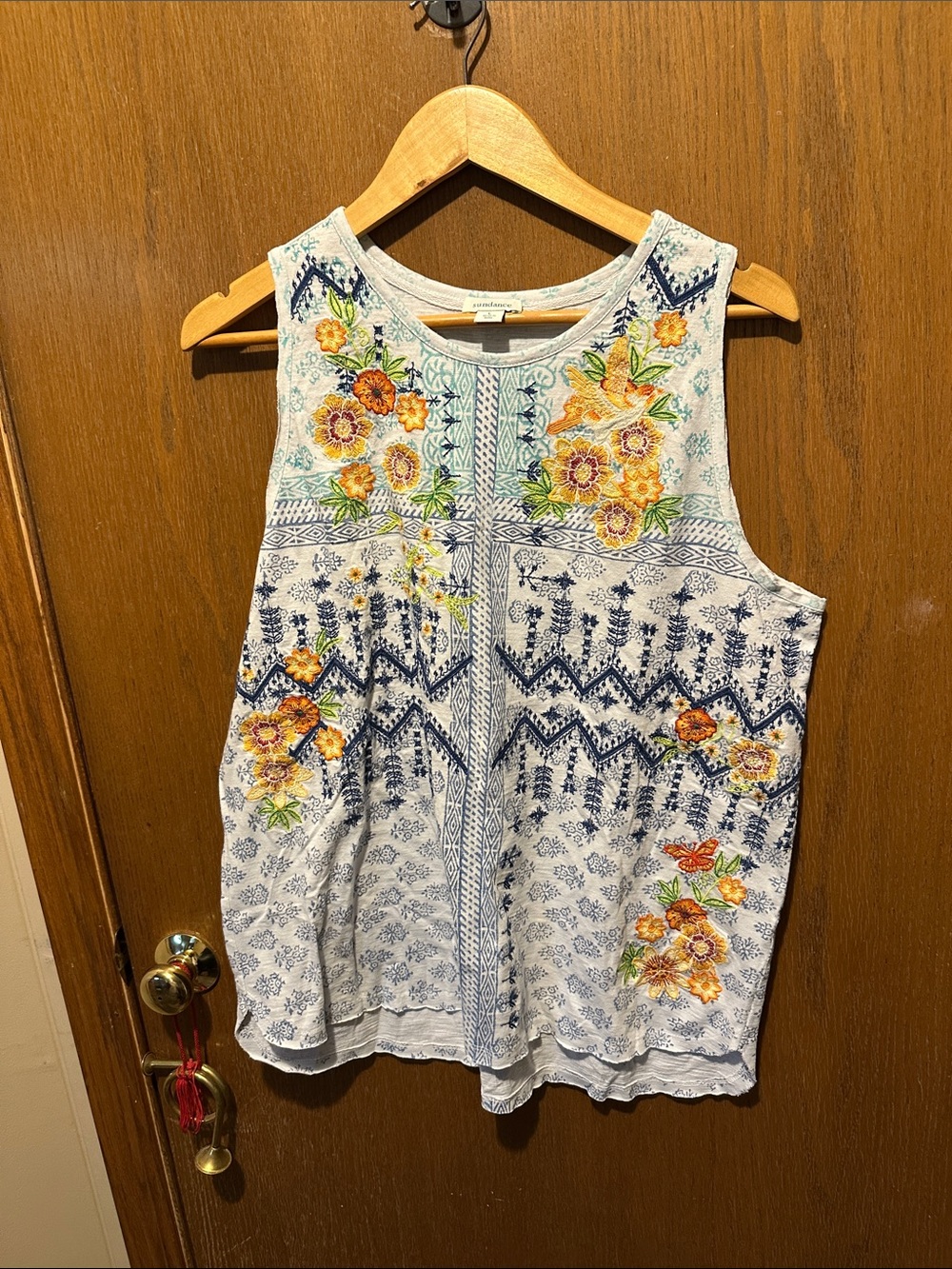 Sundance White Tank Top with Blue Print and Yellow Floral Embroidery